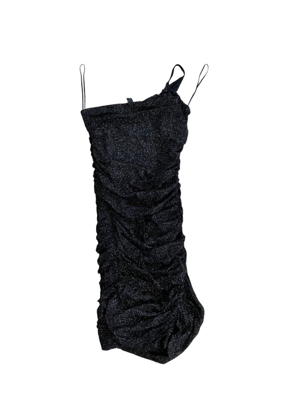 Windsor Glitter Ruched Black Asymmetrical Midi Dress With Spaghetti Straps Size